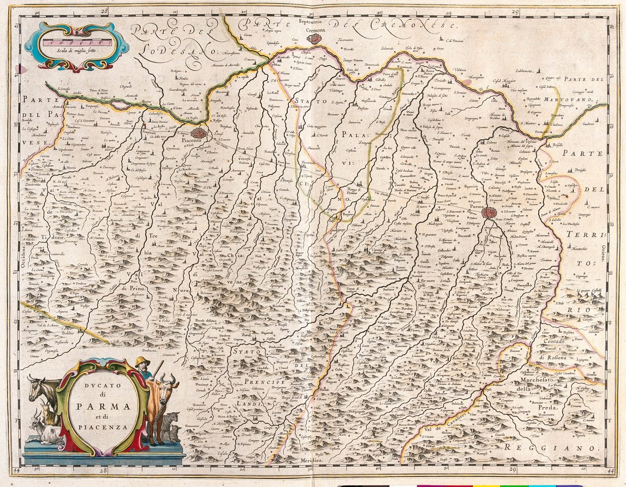 Cidades de Parma e Piacenza, Itália, em "Theatrum Orbis Terrarum, sive Atlas Novus" de Willem Blaeu, Amesterdão de Willem Blaeu