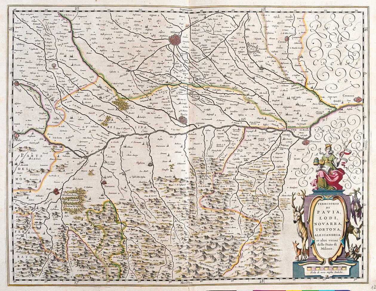 Cidades de: Pavia, Lodi, Novara, Tortona, Itália "Theatrum Orbis Terrarum, sive Atlas Novus" de Willem Blaeu, Amesterdão de Willem Blaeu