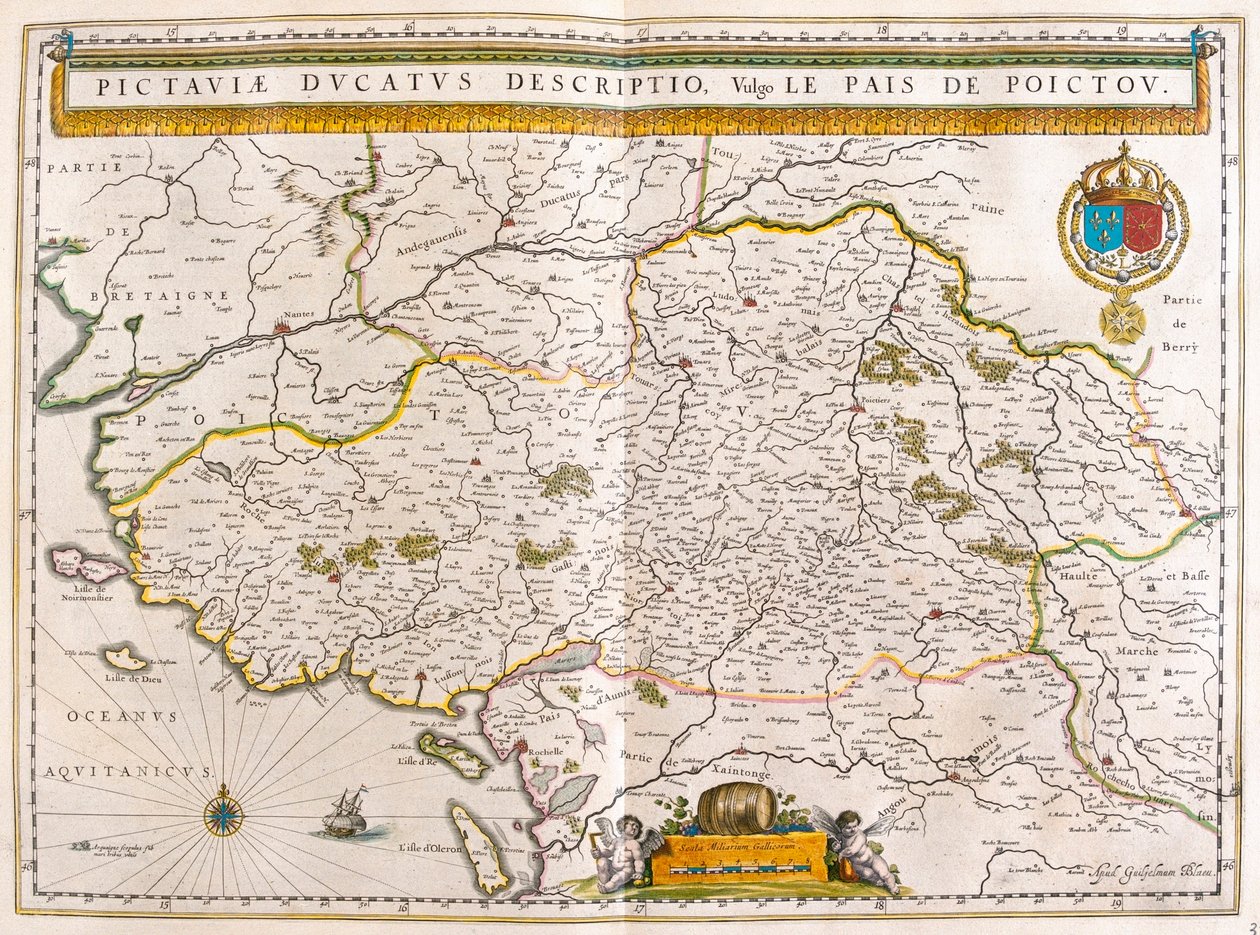 Linha costeira e cidades de Nantes e Rochelle, em "Theatrum Orbis Terrarum, sive Atlas Novus" de Willem Blaeu, Amesterdão de Willem Blaeu