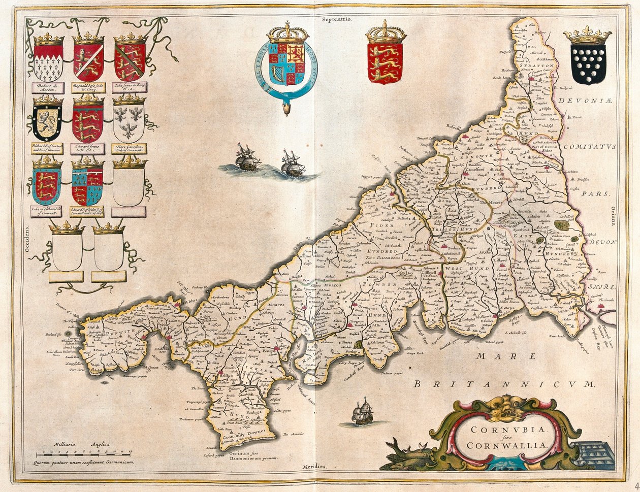 Cornualha, em "Theatrum Orbis Terrarum, sive Atlas Novus" de Willem Blaeu, Amesterdão de Willem Blaeu