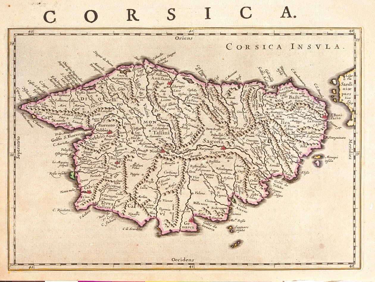 Ilha da Córsega, "Theatrum Orbis Terrarum, sive Atlas Novus" de Willem Blaeu, Amesterdão de Willem Blaeu