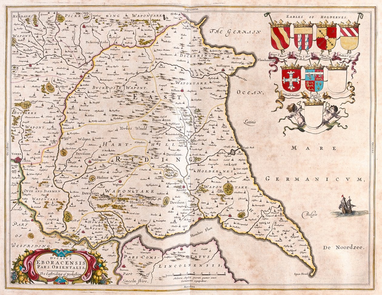 East riding of Yorkshire, em "Theatrum Orbis Terrarum, sive Atlas Novus" de Willem Blaeu, Amesterdão de Willem Blaeu