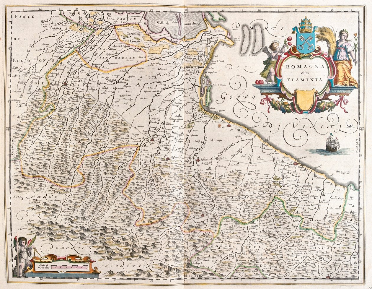 Emilia Romagna, Itália, em "Theatrum Orbis Terrarum, sive Atlas Novus" de Willem Blaeu, Amesterdão de Willem Blaeu