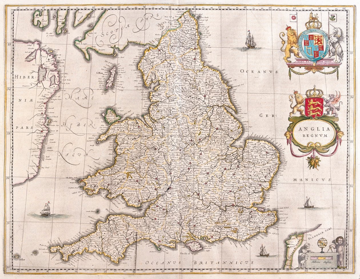 Inglaterra, em "Theatrum Orbis Terrarum, sive Atlas Novus" de Willem Blaeu, Amesterdão de Willem Blaeu