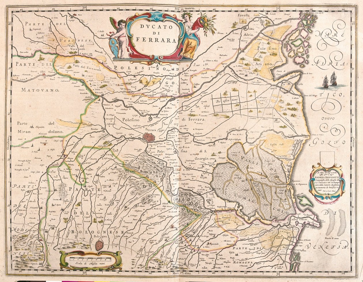 Ferrara, Itália, em "Theatrum Orbis Terrarum, sive Atlas Novus" de Willem Blaeu, Amesterdão de Willem Blaeu