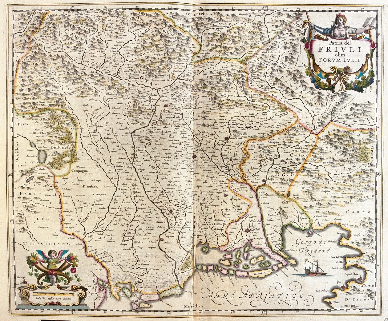 Friuli Venezia Giulia, Itália, em "Theatrum Orbis Terrarum, sive Atlas Novus" de Willem Blaeu, Amesterdão de Willem Blaeu