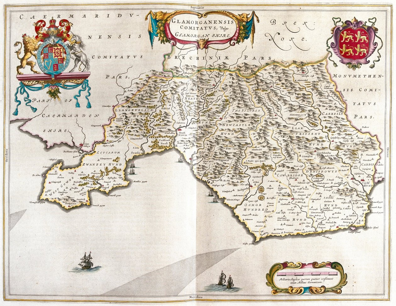 Glamorgan shire, em "Theatrum Orbis Terrarum, sive Atlas Novus" de Willem Blaeu, Amesterdão de Willem Blaeu