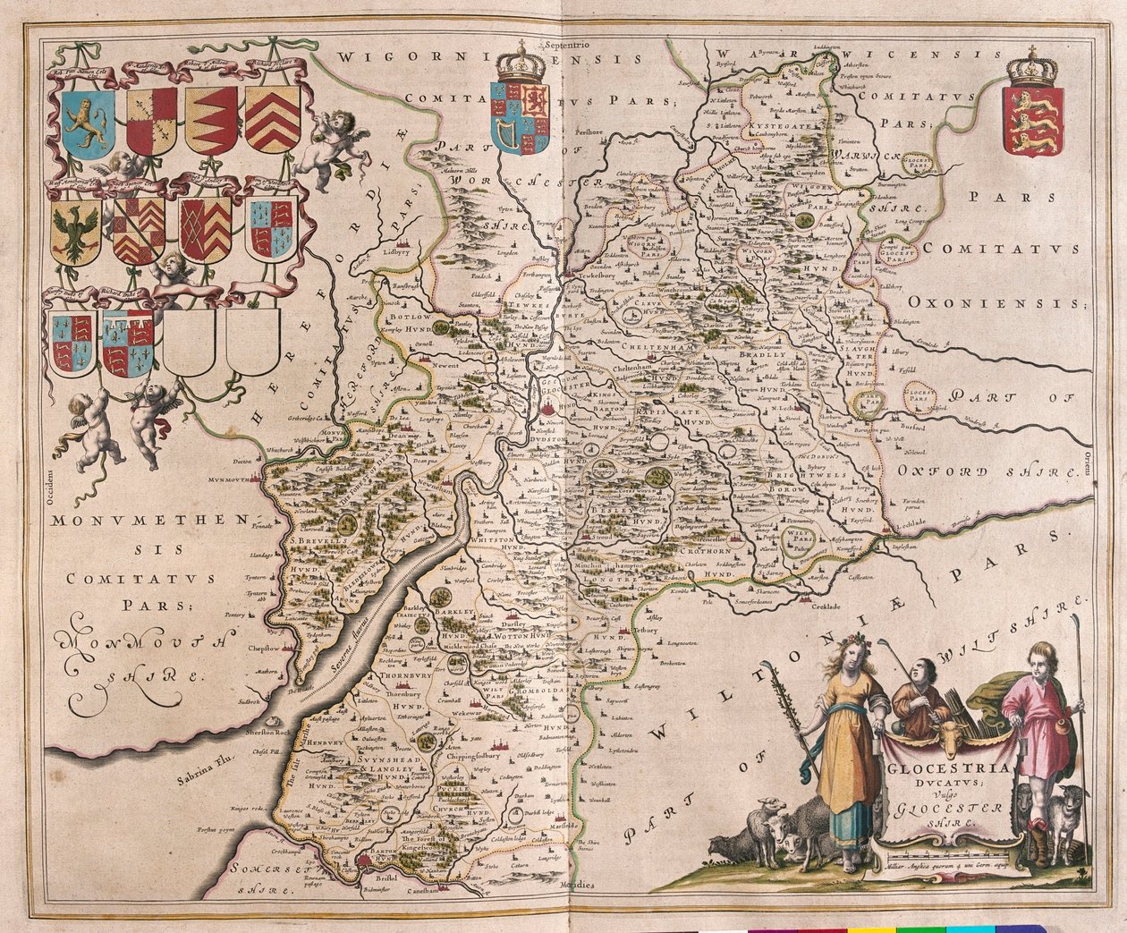 Glouchester, em "Theatrum Orbis Terrarum, sive Atlas Novus" de Willem Blaeu, Amesterdão de Willem Blaeu