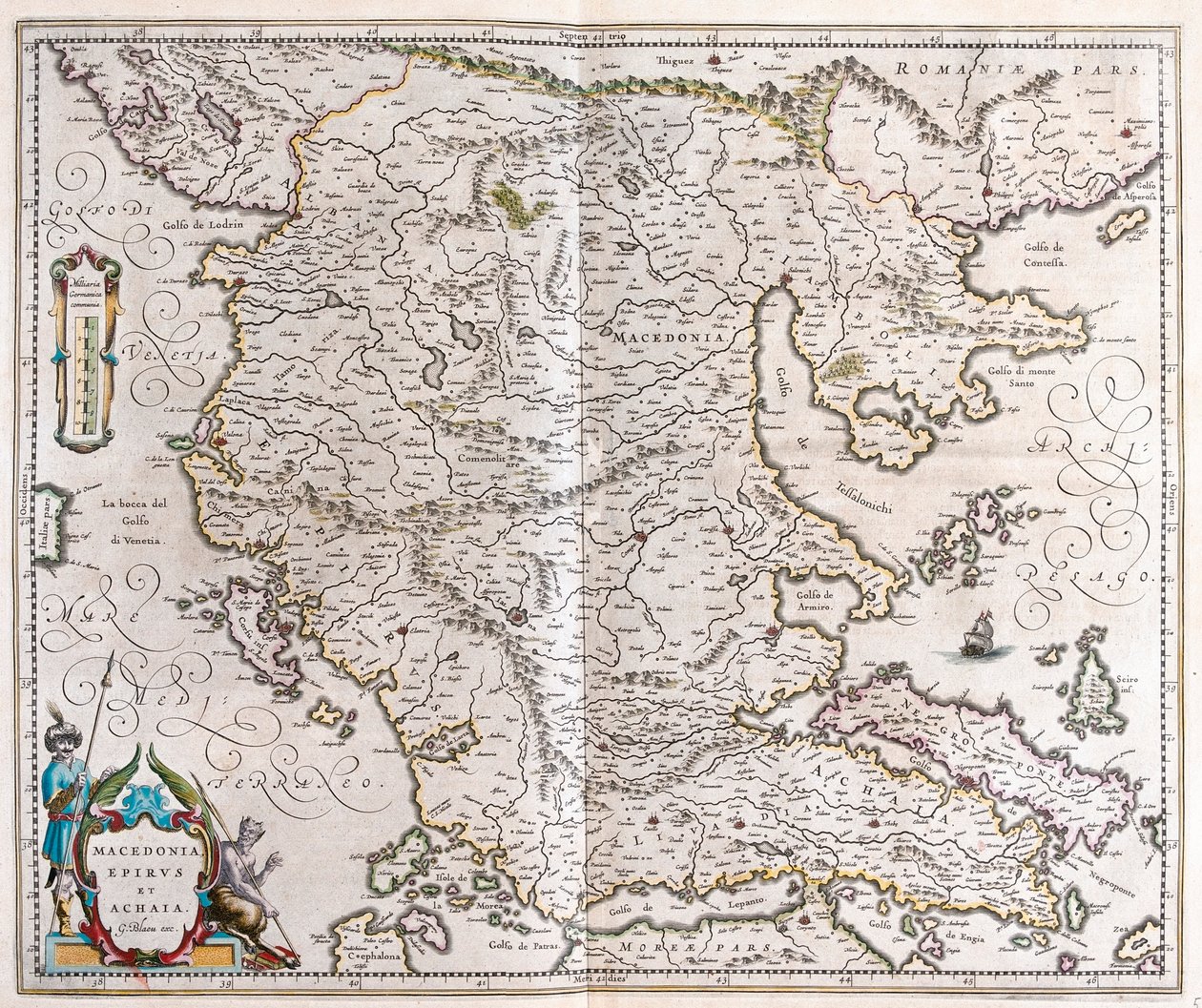 Grécia, Macedónia, Albânia, em "Theatrum Orbis Terrarum, sive Atlas Novus" de Willem Blaeu, Amesterdão de Willem Blaeu