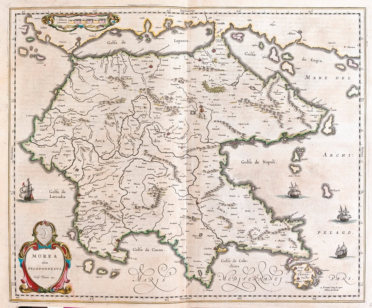 Grécia, Peloponeso, em "Theatrum Orbis Terrarum, sive Atlas Novus" de Willem Blaeu, Amesterdão de Willem Blaeu