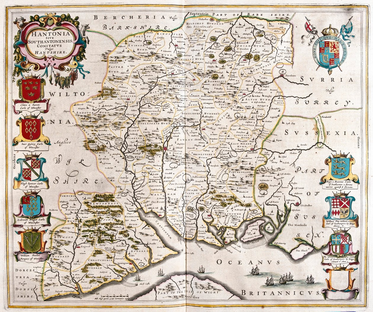 Hampshire e Southampton, em "Theatrum Orbis Terrarum, sive Atlas Novus" de Willem Blaeu, Amesterdão de Willem Blaeu