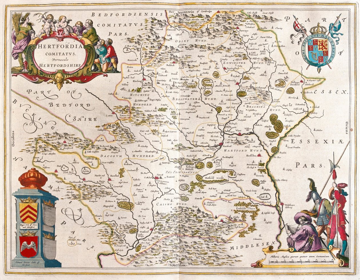 Condado de Hertford, em "Theatrum Orbis Terrarum, sive Atlas Novus" de Willem Blaeu, Amesterdão de Willem Blaeu
