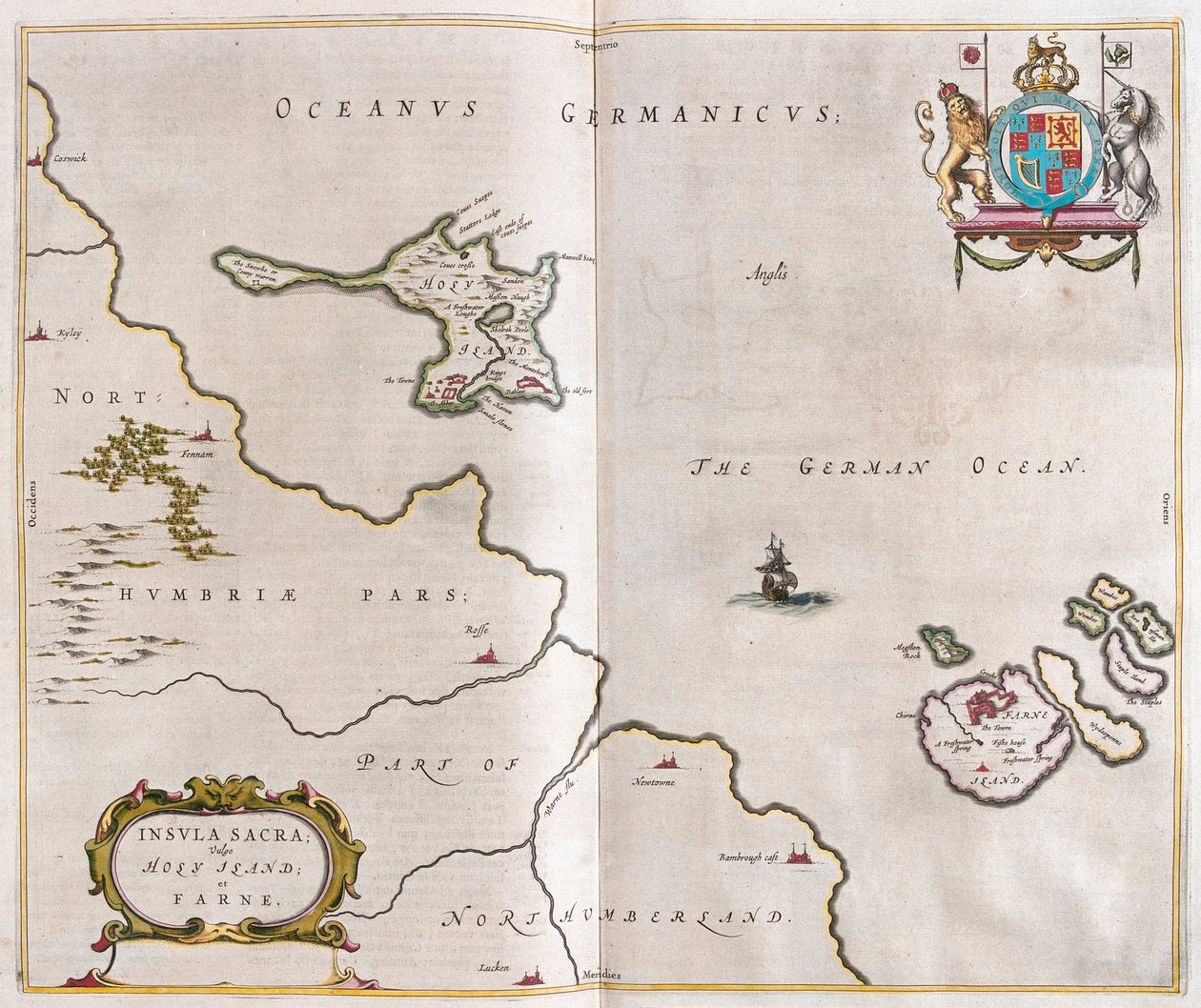 Holy island e lindisfarne, em "Theatrum Orbis Terrarum, sive Atlas Novus" de Willem Blaeu, Amesterdão de Willem Blaeu