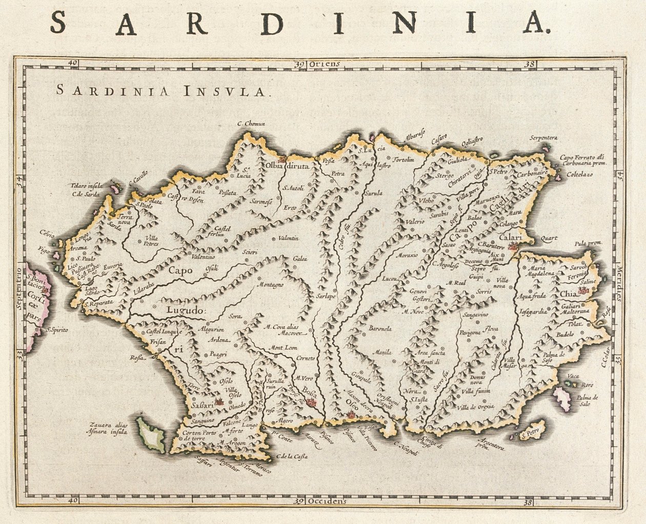 Ilha da Sardenha, Itália, em "Theatrum Orbis Terrarum, sive Atlas Novus" de Willem Blaeu, Amesterdão de Willem Blaeu