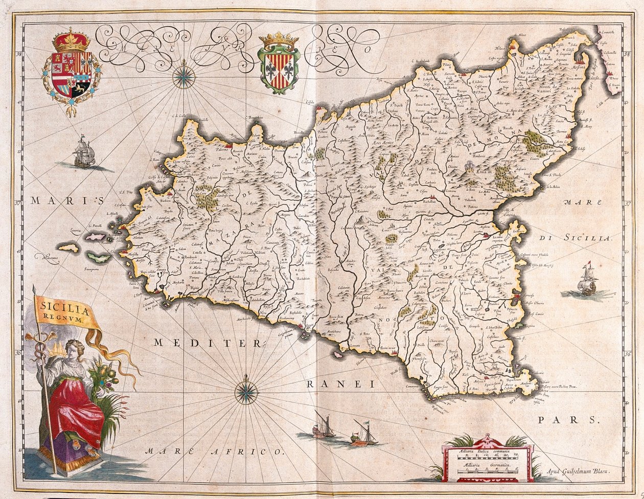 Ilha da Sicília, Itália, em "Theatrum Orbis Terrarum, sive Atlas Novus" de Willem Blaeu, Amesterdão de Willem Blaeu