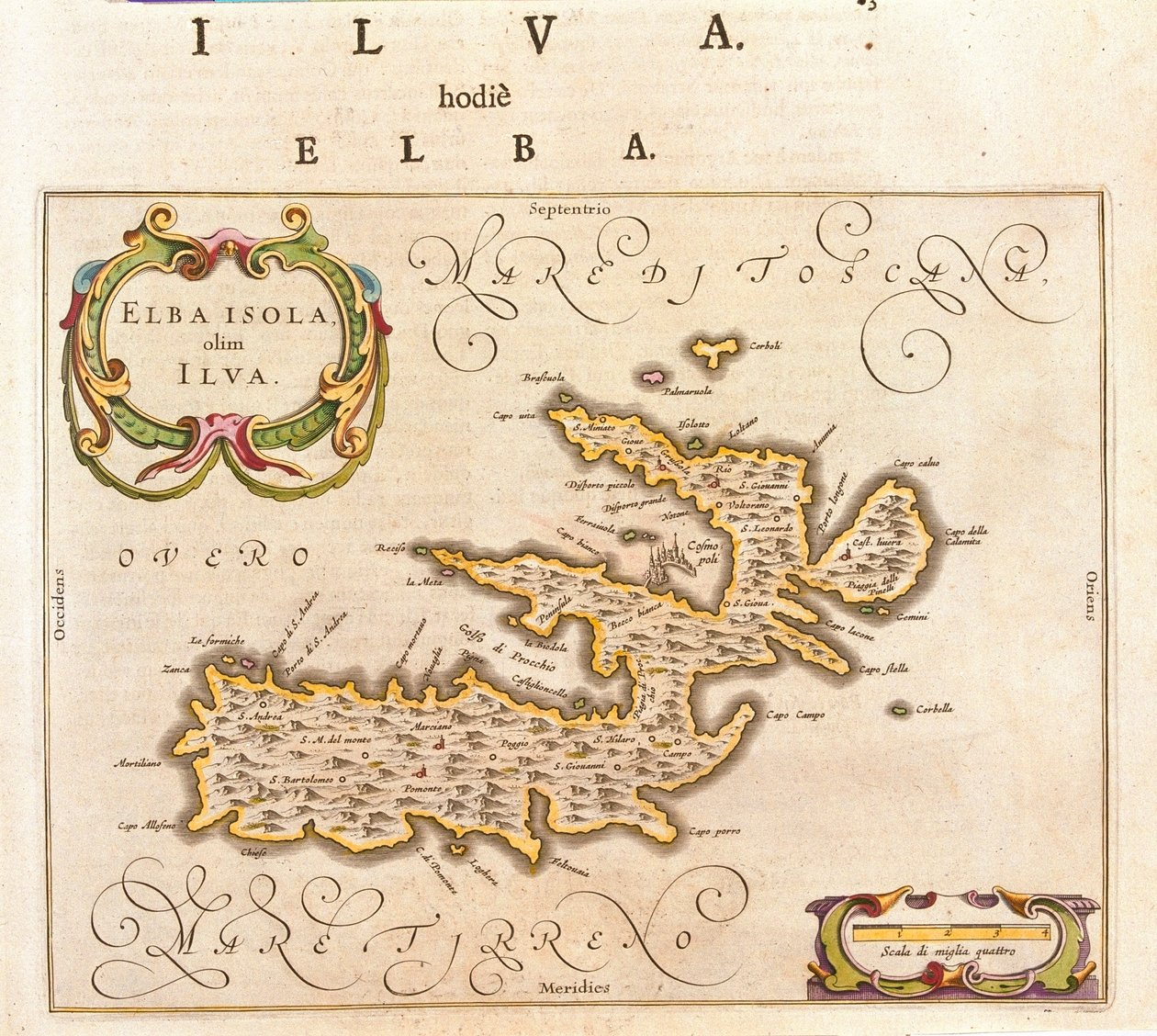Ilha de Elba, Itália, em "Theatrum Orbis Terrarum, sive Atlas Novus" de Willem Blaeu, Amesterdão de Willem Blaeu