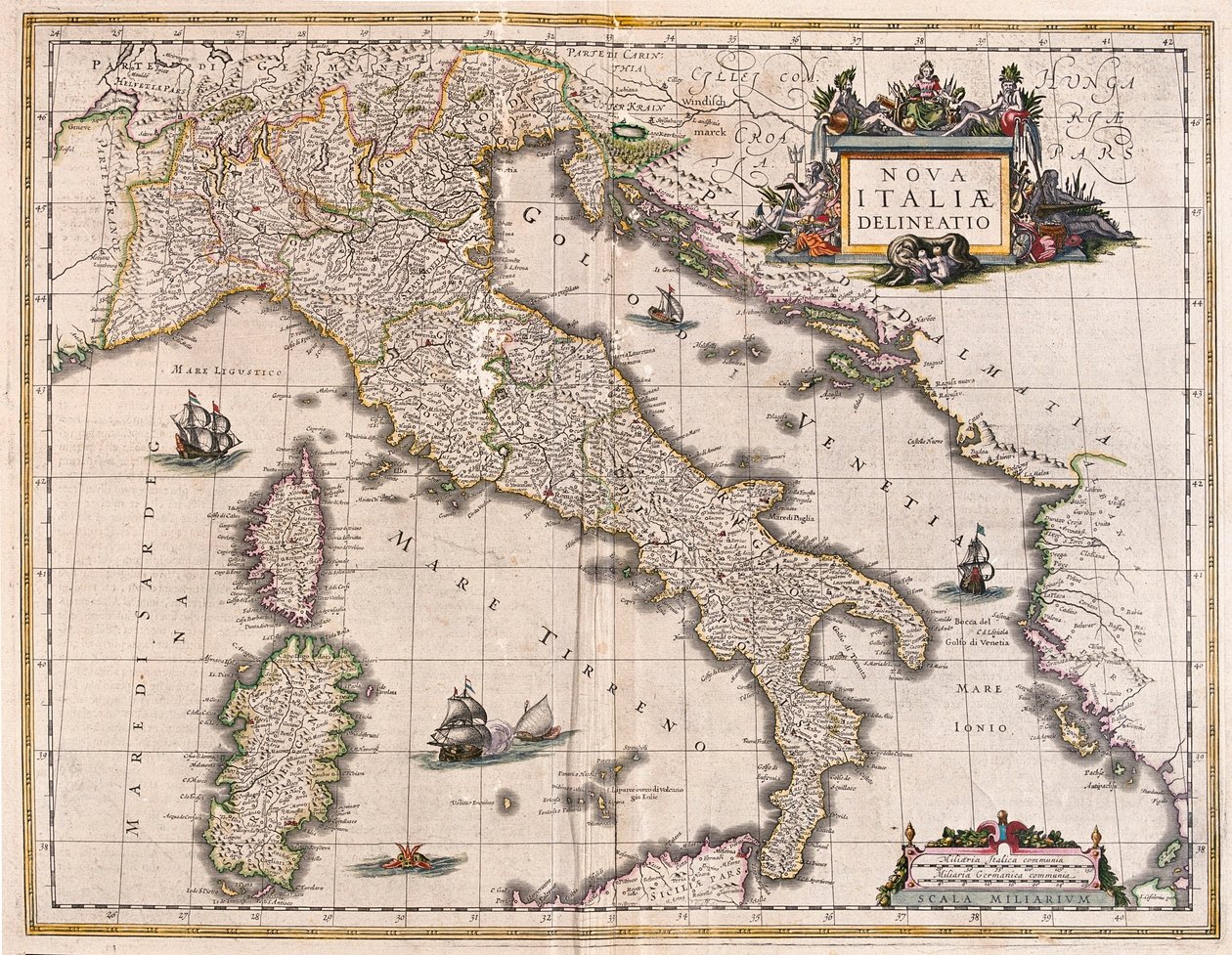 Itália e Córsega, em "Theatrum Orbis Terrarum, sive Atlas Novus" de Willem Blaeu, Amesterdão de Willem Blaeu