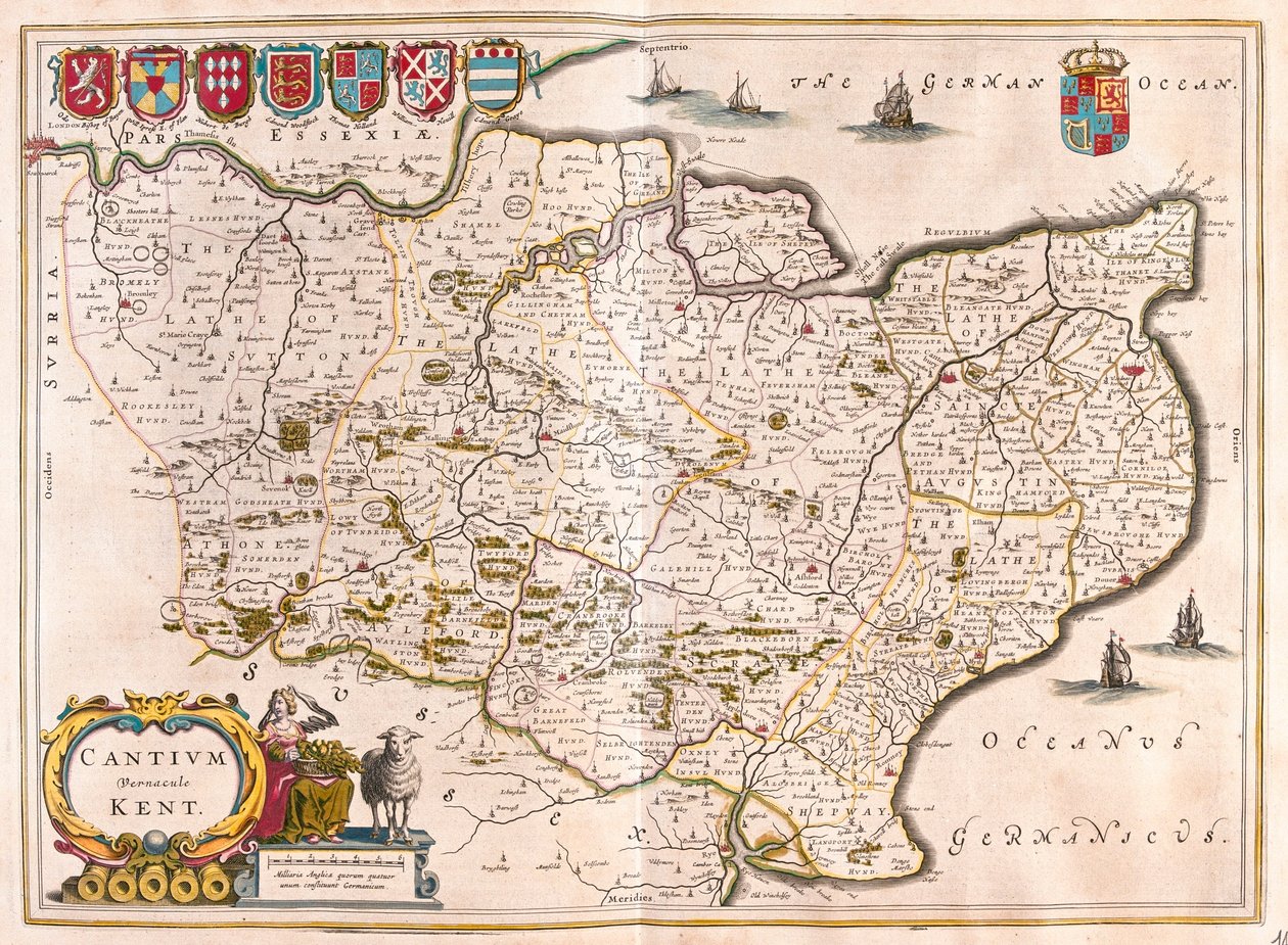 Kent, em "Theatrum Orbis Terrarum, sive Atlas Novus" de Willem Blaeu, Amesterdão de Willem Blaeu
