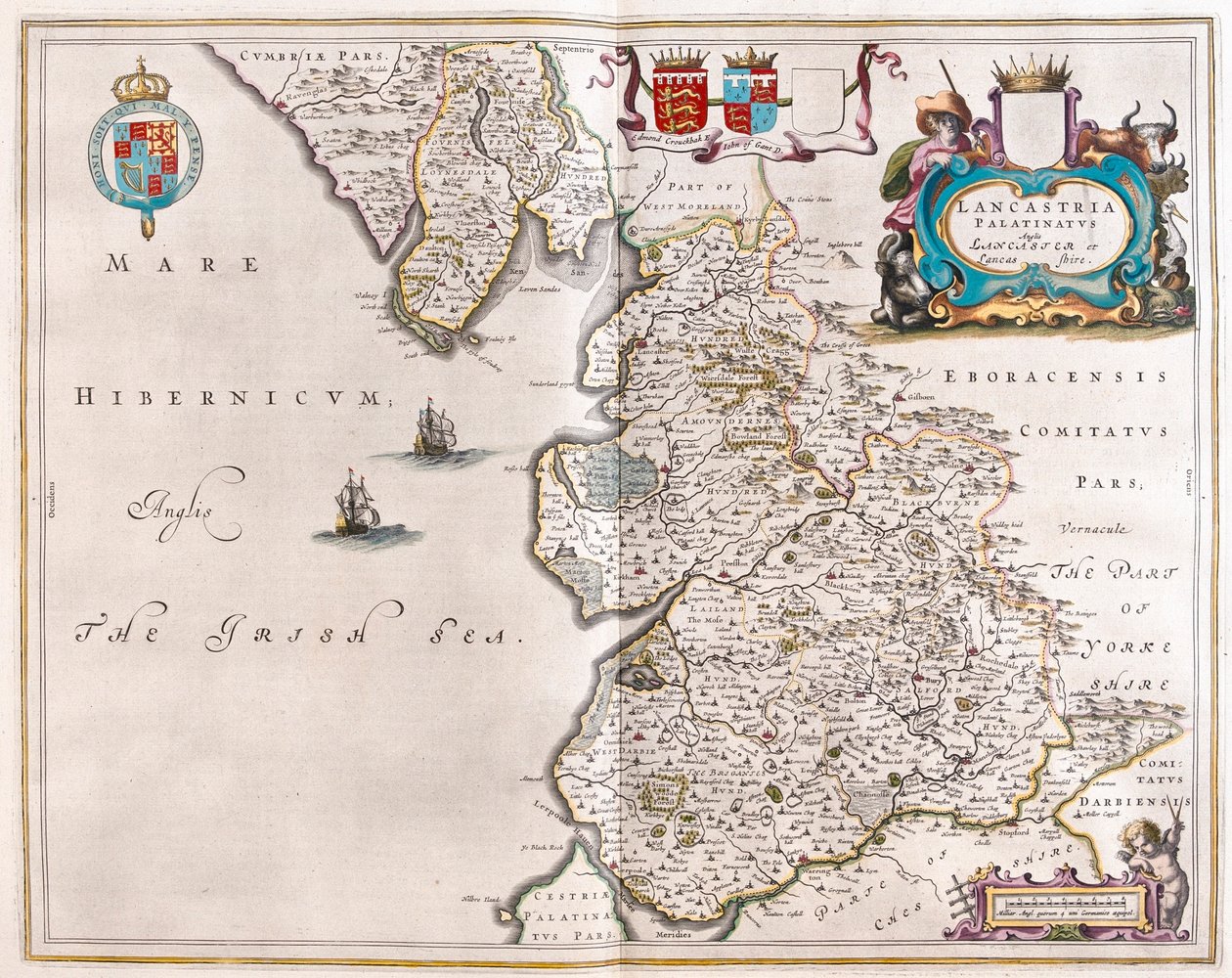 Lancaster e Lancastshire, em "Theatrum Orbis Terrarum, sive Atlas Novus" de Willem Blaeu, Amesterdão de Willem Blaeu