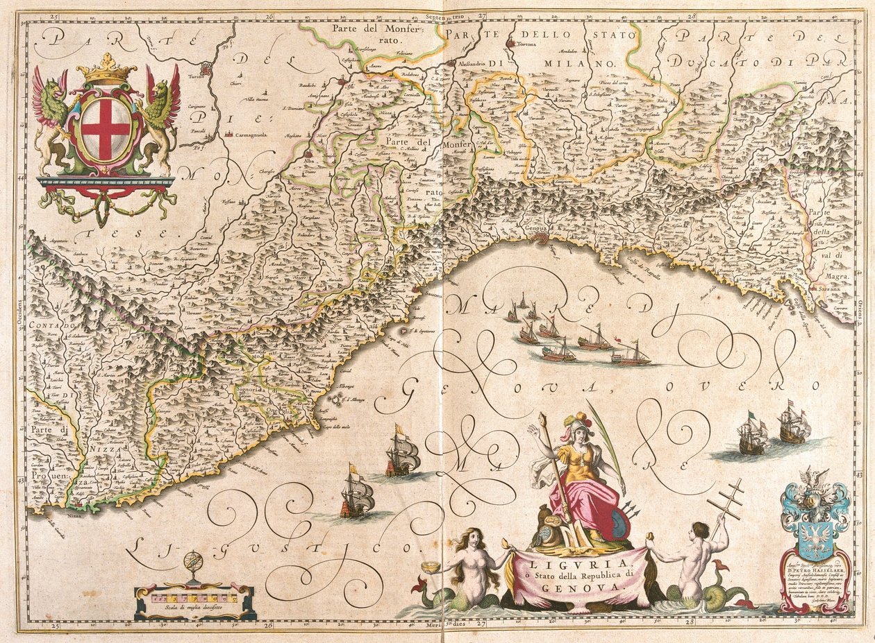 Ligúria, Itália, em "Theatrum Orbis Terrarum, sive Atlas Novus" de Willem Blaeu, Amesterdão de Willem Blaeu