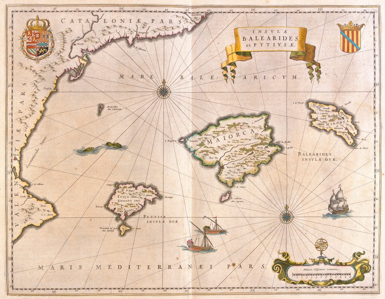 Maiorca, Menorca e Ibiza, incluindo as costas da Catalunha e de Valência, em "Theatrum Orbis Terrarum, sive Atlas Novus" de Willem Blaeu, Amesterdão de Willem Blaeu