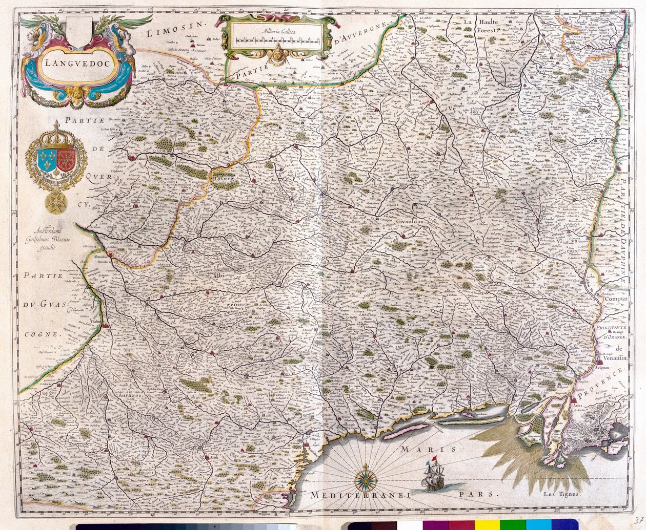 Mapa que cobre Languedoc - Roussillon - Montpellier - Toulouse - Avignon - Arles, em "Theatrum Orbis Terrarum, sive Atlas Novus" de Willem Blaeu, Amesterdão. de Willem Blaeu