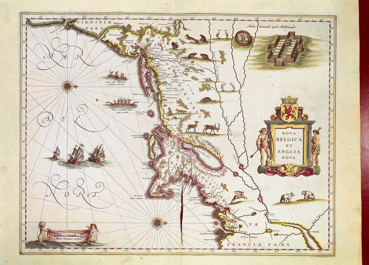 Mapa de Nova Belgica ou Nova Bélgica e de Anglia Nova ou Nova Inglaterra por Willem Janszoon Blaeu de Willem Blaeu