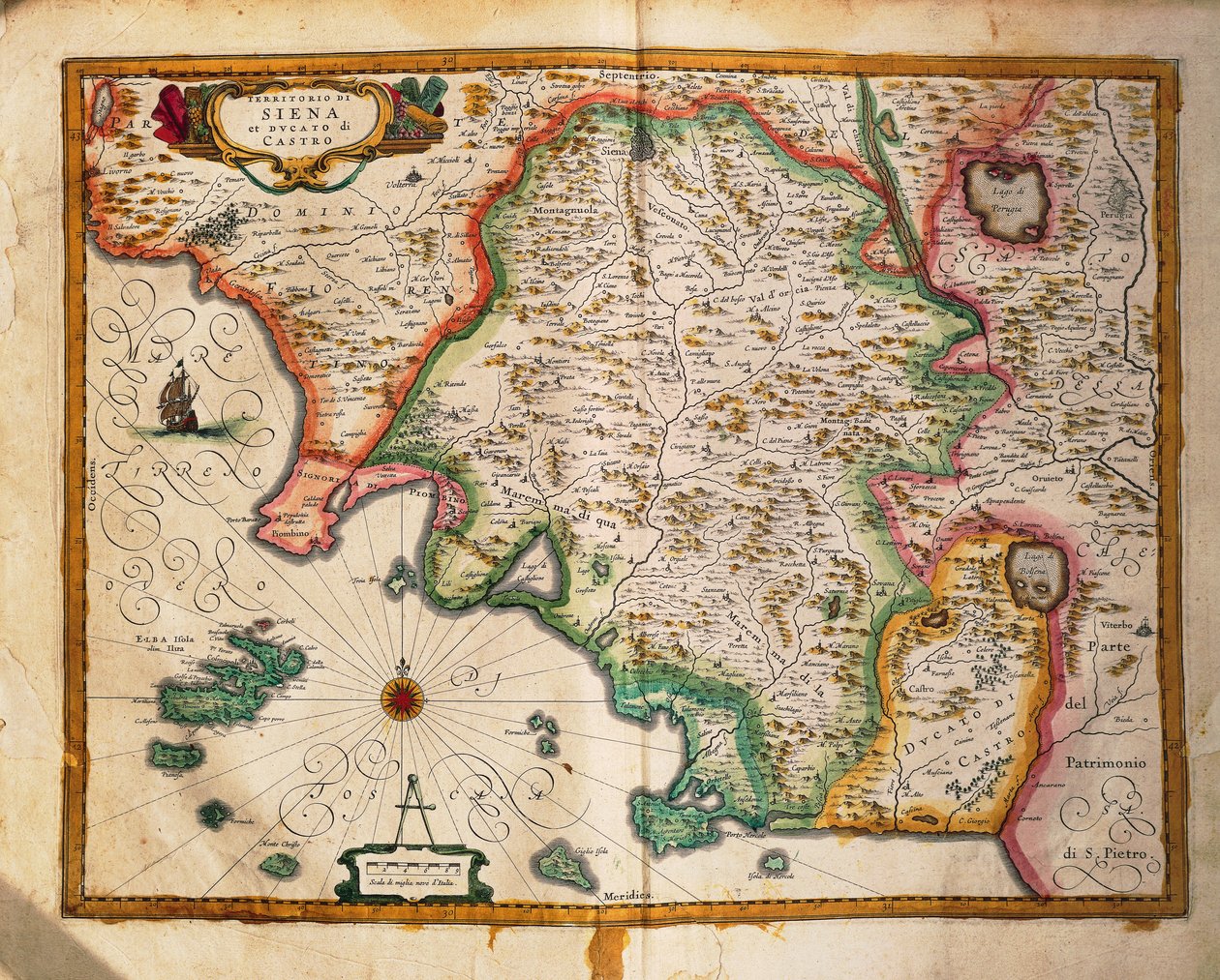Mapa de The confines of Siena from Regionum Italiae, de Willem Blaeu, gravura de Willem Blaeu