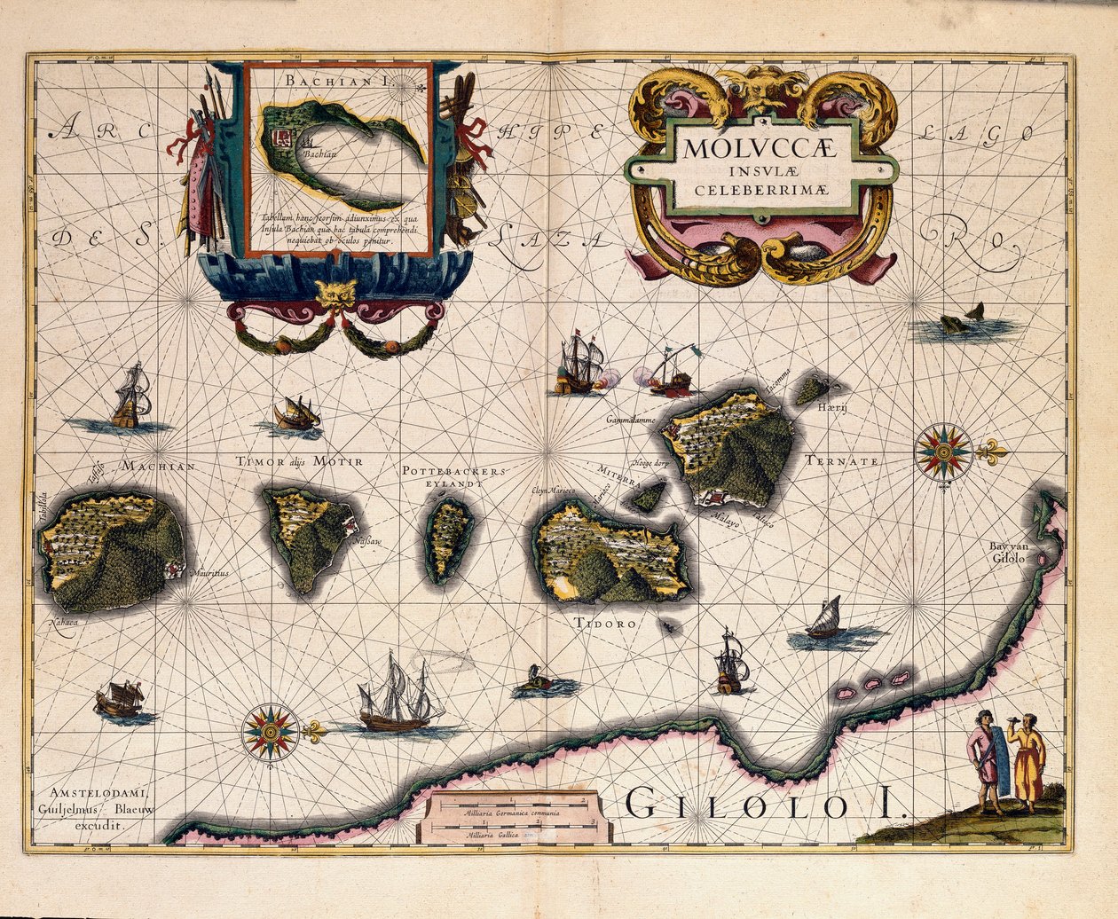 Mapa das Ilhas Molucas a leste da Indonésia. (Gravura de Willem Blaeu