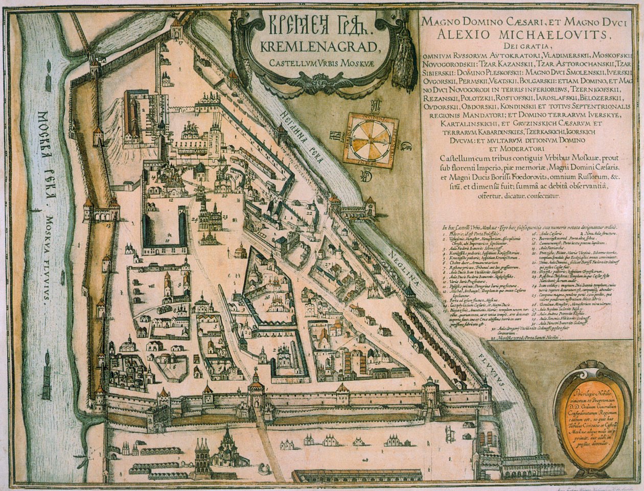 Mapa da cidade fortaleza de Moscovo Kremlin de Moscovo, Rússia, 1597 de Willem Blaeu