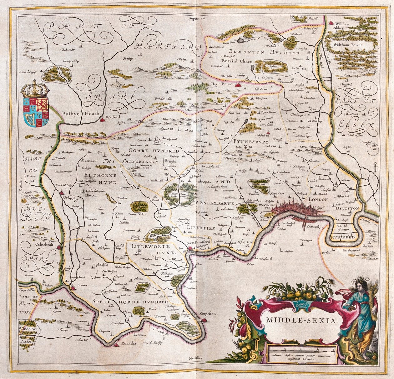 Middlesex, em "Theatrum Orbis Terrarum, sive Atlas Novus" de Willem Blaeu, Amesterdão de Willem Blaeu