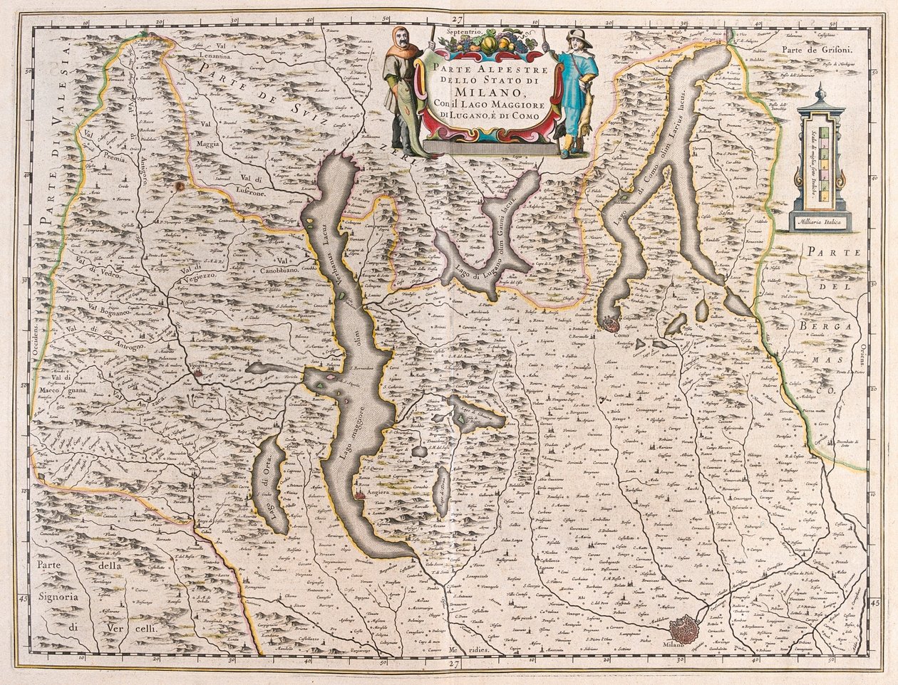 Milão, com os lagos: Maggiore, Lugano e Como, Itália-Suíça - em "Theatrum Orbis Terrarum, sive Atlas Novus" de Willem Blaeu, Amesterdão de Willem Blaeu