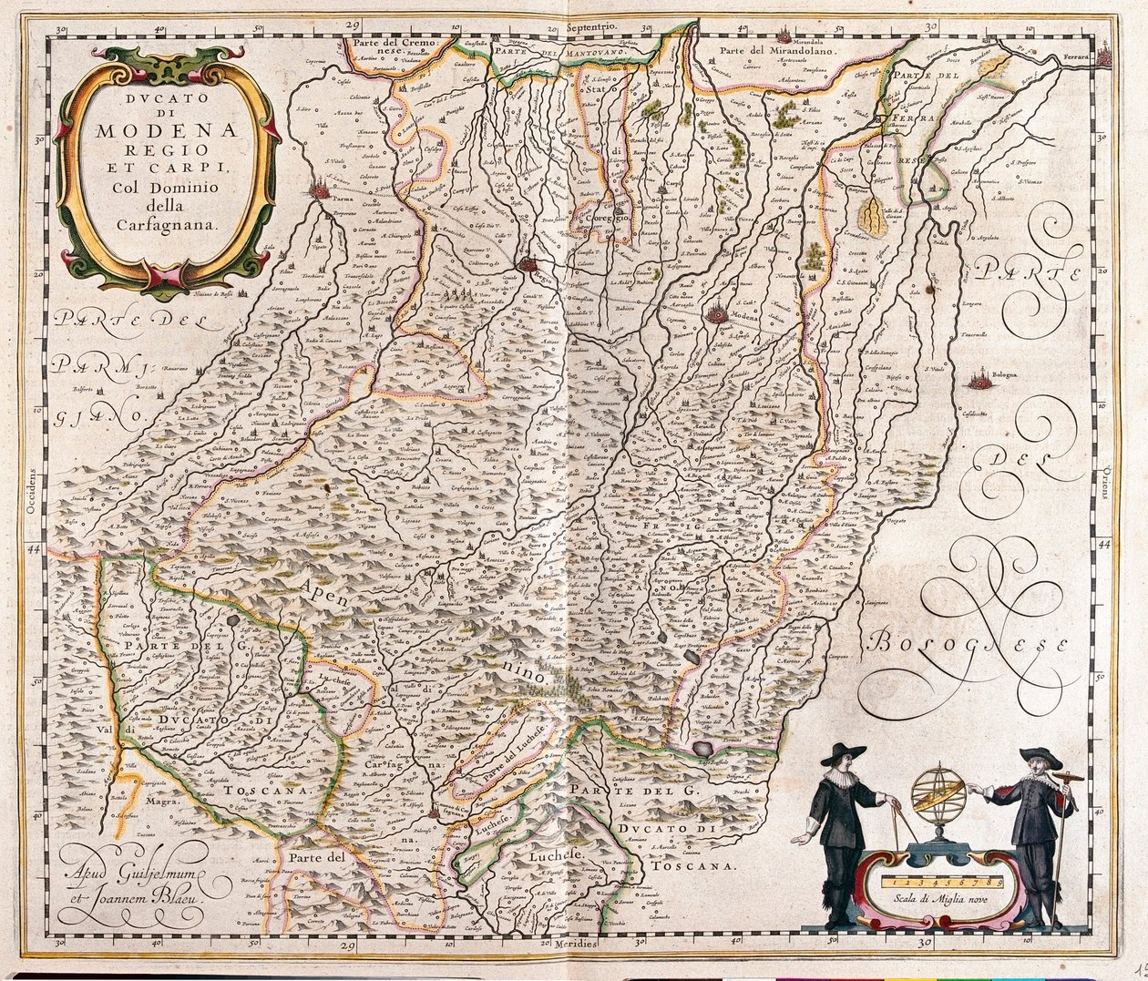 Modena, Reggio Emilia, Carpi, parte final de Garfagnana, Itália, em "Theatrum Orbis Terrarum, sive Atlas Novus" de Willem Blaeu, Amesterdão de Willem Blaeu