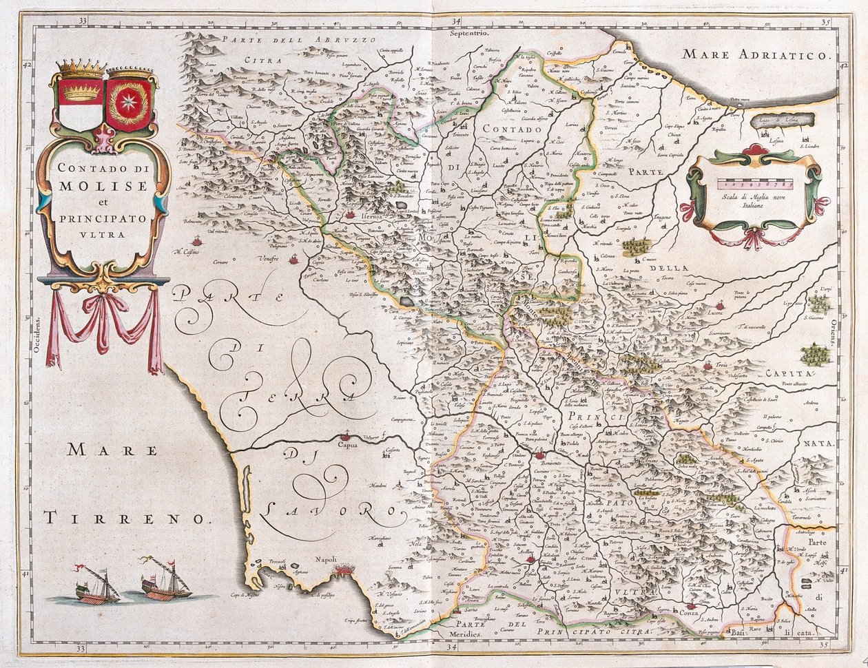 Molise, Benevento, Avellino, Itália, em "Theatrum Orbis Terrarum, sive Atlas Novus" de Willem Blaeu, Amesterdão de Willem Blaeu
