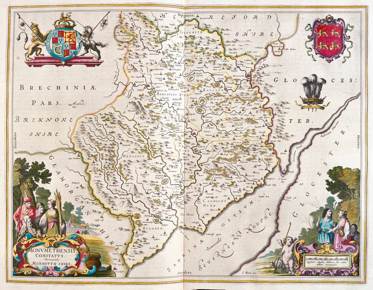 Monmouth shire (Inglaterra e País de Gales), em "Theatrum Orbis Terrarum, sive Atlas Novus" de Willem Blaeu, Amesterdão de Willem Blaeu