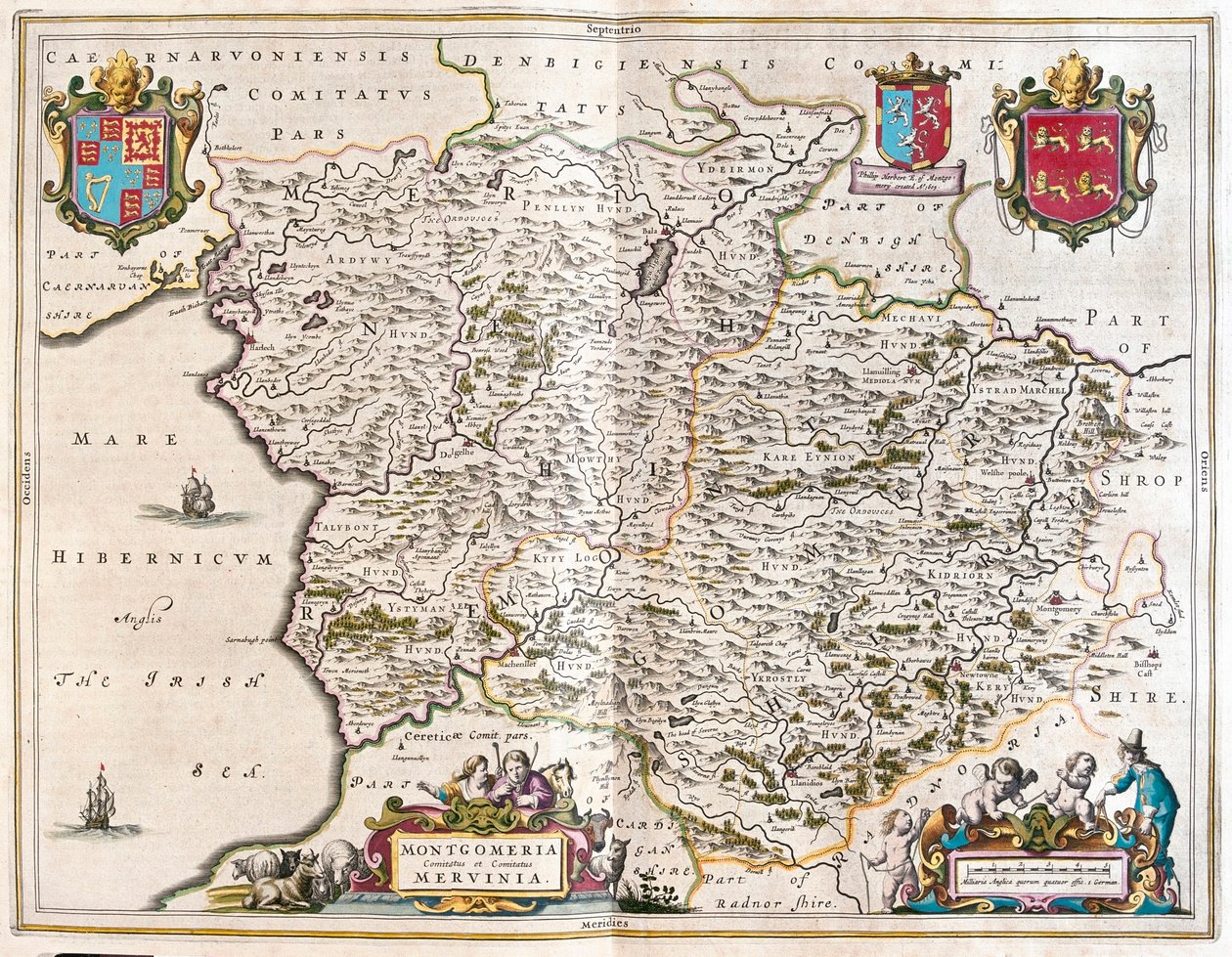 Montgomery e merioneth, em "Theatrum Orbis Terrarum, sive Atlas Novus" de Willem Blaeu, Amesterdão de Willem Blaeu
