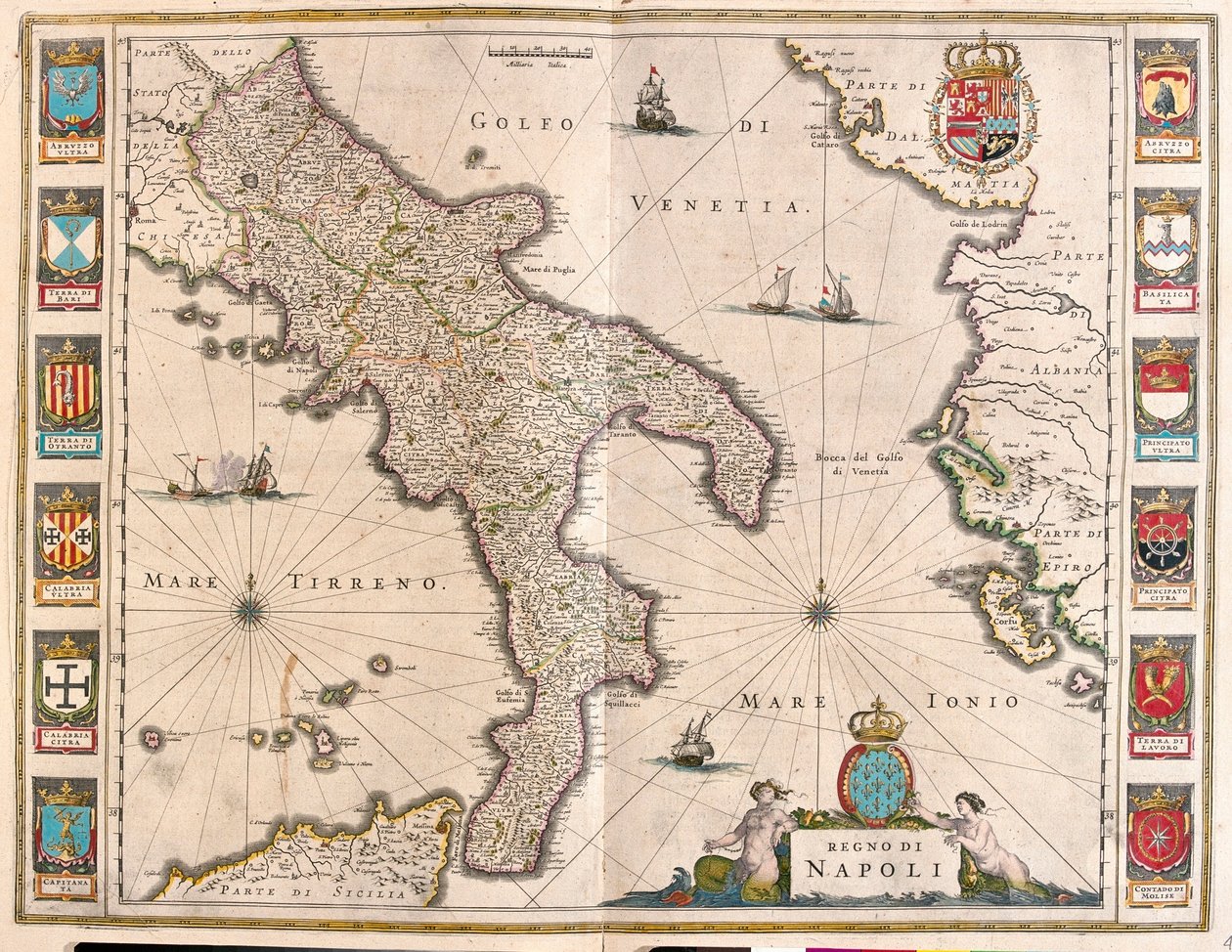 Nápoles, Itália, em "Theatrum Orbis Terrarum, sive Atlas Novus" de Willem Blaeu, Amesterdão de Willem Blaeu