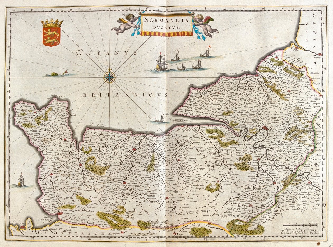 Normandia, em "Theatrum Orbis Terrarum, sive Atlas Novus" de Willem Blaeu, Amesterdão de Willem Blaeu