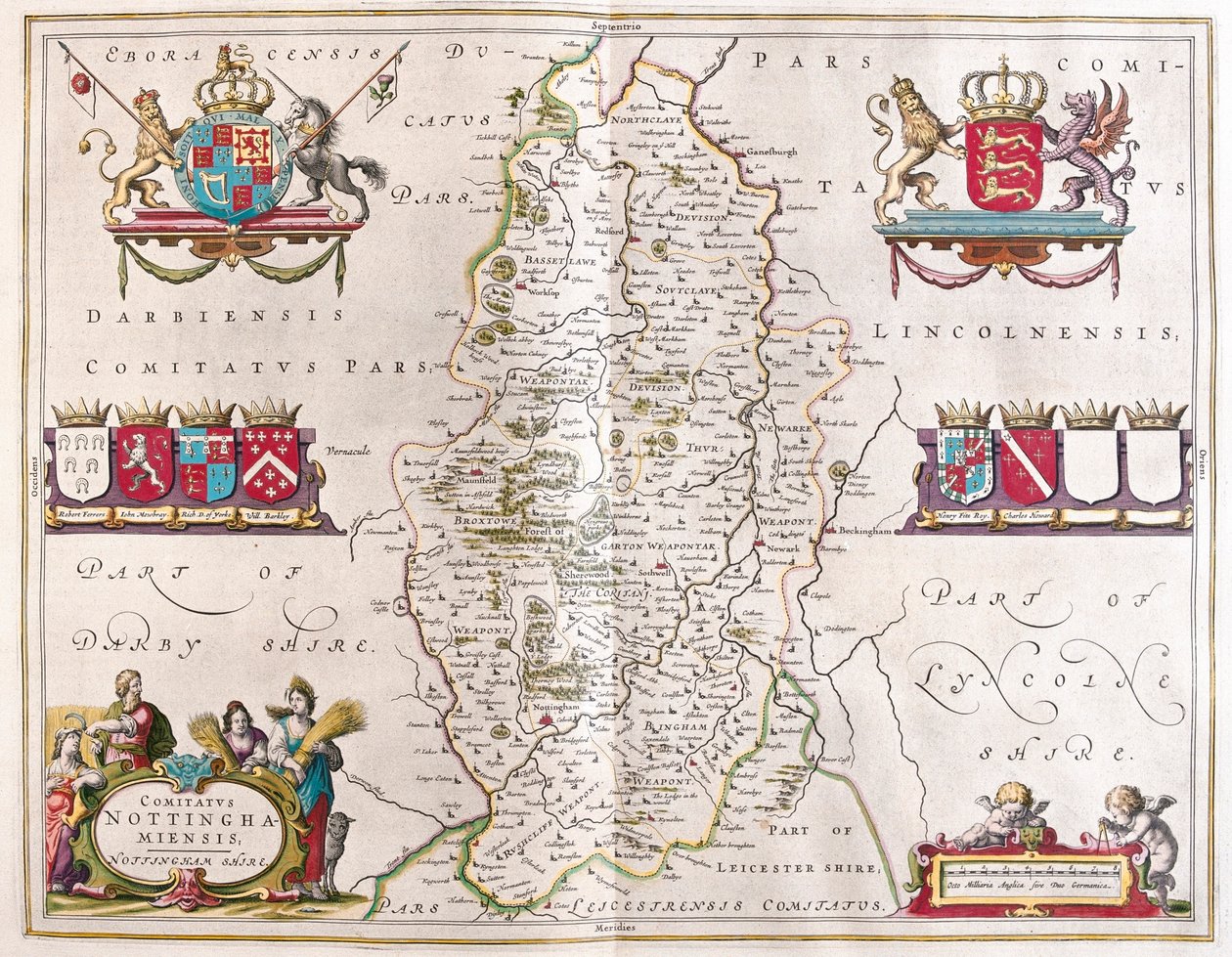 Condado de Nottingham, em "Theatrum Orbis Terrarum, sive Atlas Novus" de Willem Blaeu, Amesterdão de Willem Blaeu