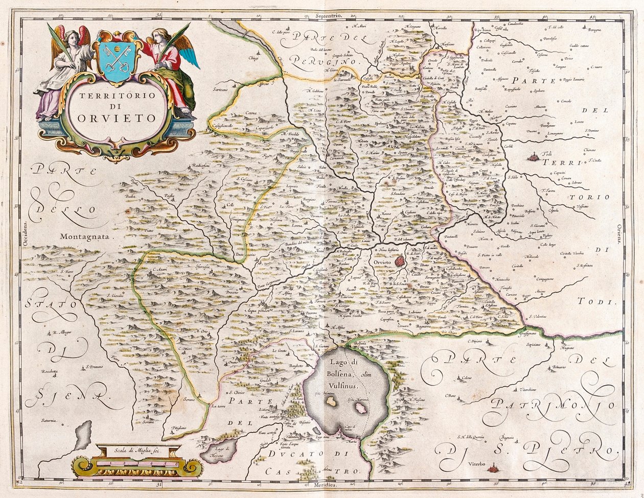 Orvieto, lago de Bolsena, Itália, em "Theatrum Orbis Terrarum, sive Atlas Novus" de Willem Blaeu, Amesterdão de Willem Blaeu
