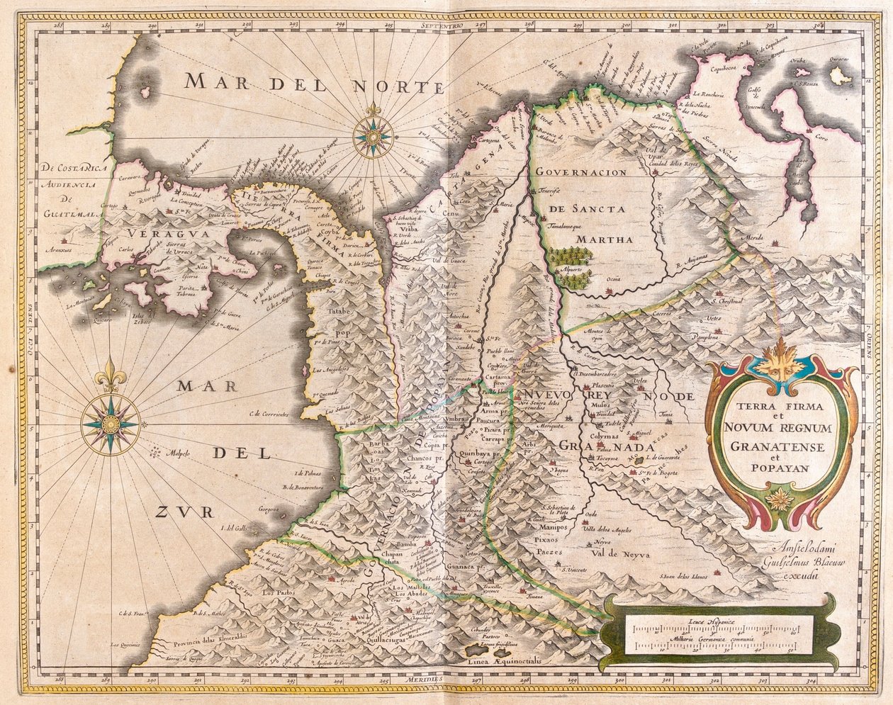 Panamá, Colômbia e parte do Equador e da Venezuela, em "Theatrum Orbis Terrarum, sive Atlas Novus" de Willem Blaeu, Amesterdão de Willem Blaeu
