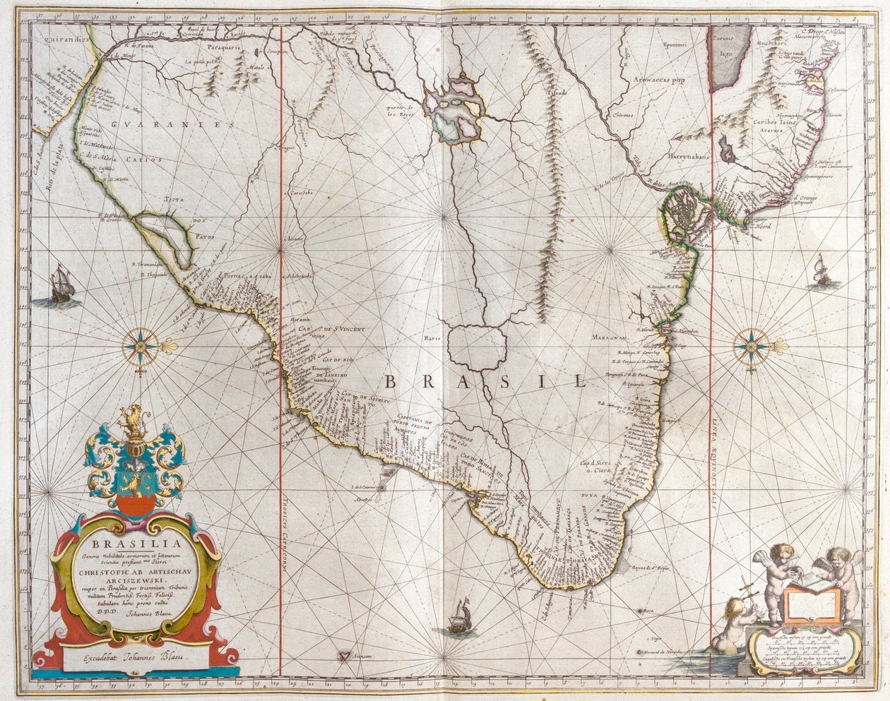 Paraguai, Bolívia, Brasil, em "Theatrum Orbis Terrarum, sive Atlas Novus" de Willem Blaeu, Amesterdão de Willem Blaeu