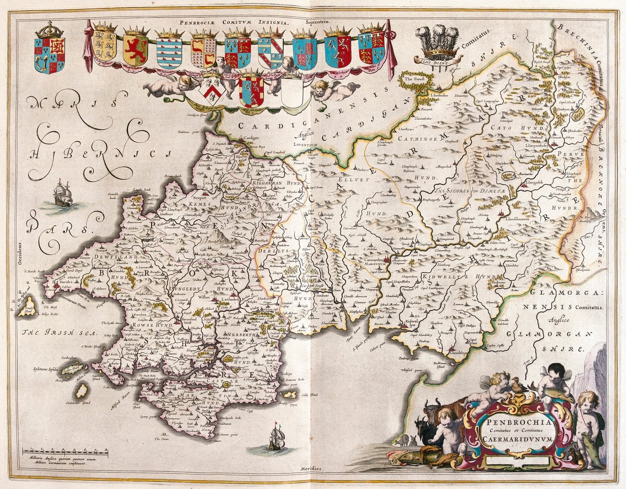 Pembrokrshire e carmarthenshire, em "Theatrum Orbis Terrarum, sive Atlas Novus" de Willem Blaeu, Amesterdão de Willem Blaeu