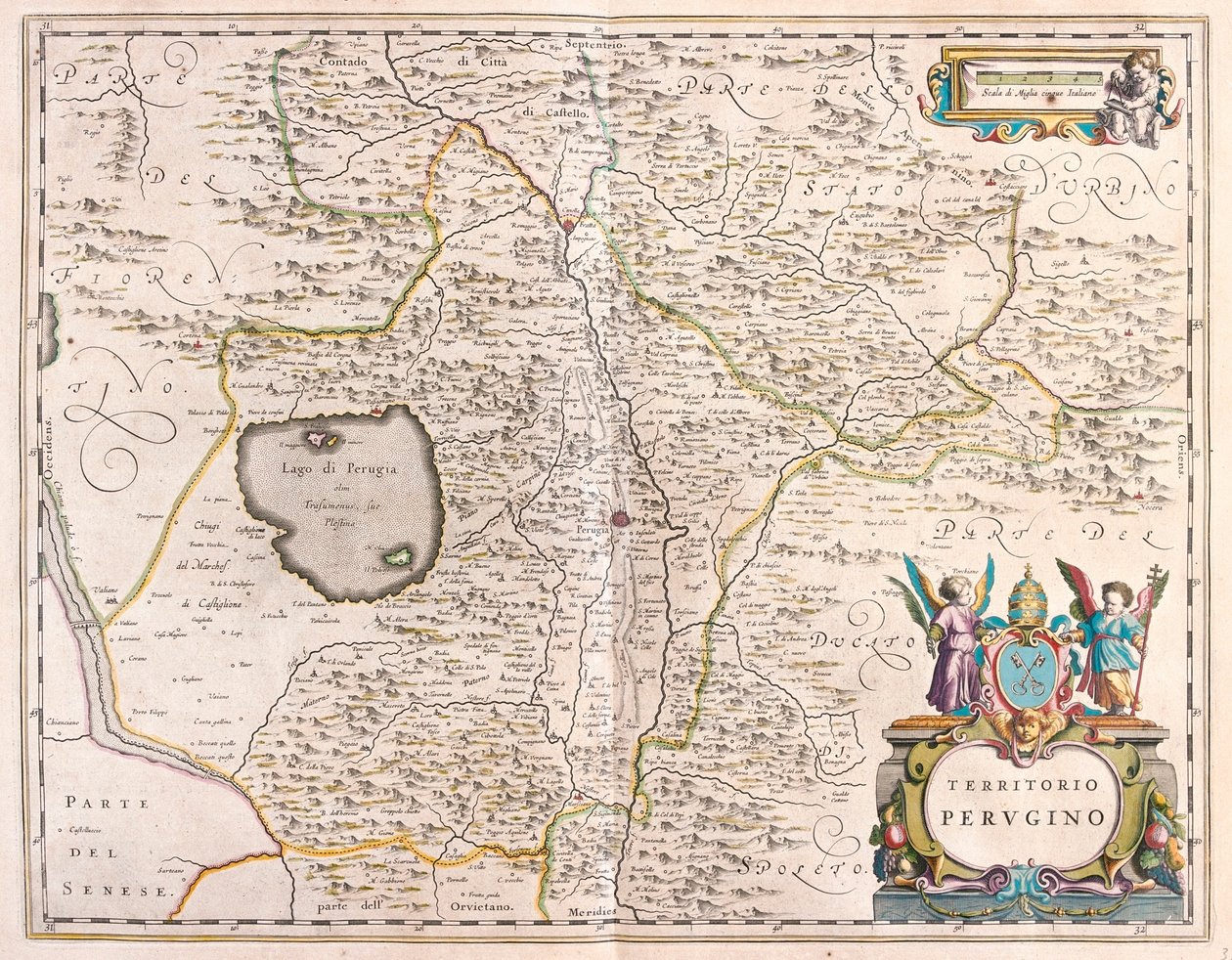 Perugia, Itália, em "Theatrum Orbis Terrarum, sive Atlas Novus" de Willem Blaeu, Amesterdão de Willem Blaeu