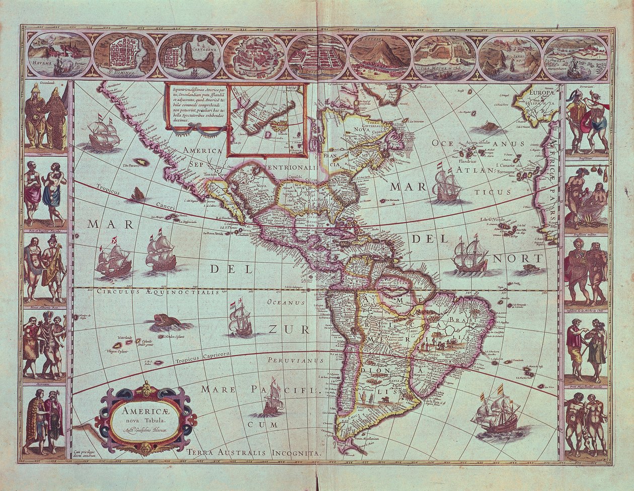 Placa que representa o mapa da América do Sul de Willem Blaeu