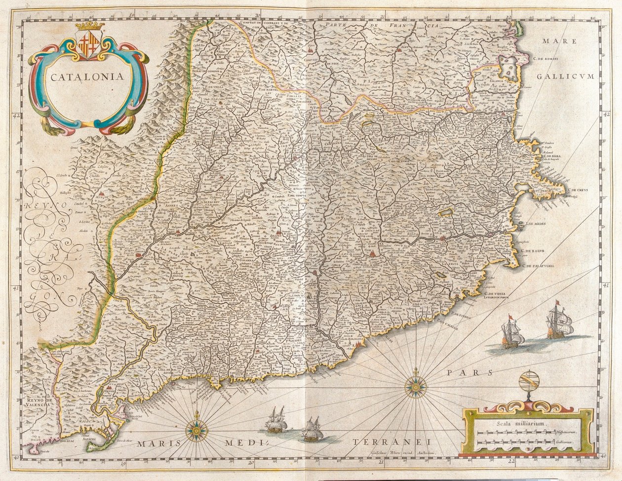 Província da Catalunha, Espanha, em "Theatrum Orbis Terrarum, sive Atlas Novus" de Willem Blaeu, Amesterdão de Willem Blaeu