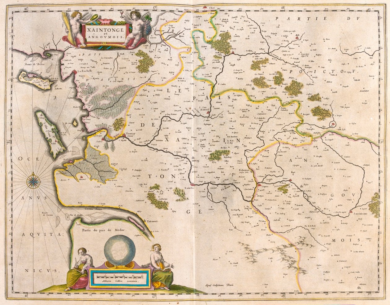 Saintonge e Angoumois, Charente-Maritime, em "Theatrum Orbis Terrarum, sive Atlas Novus" de Willem Blaeu, Amesterdão de Willem Blaeu