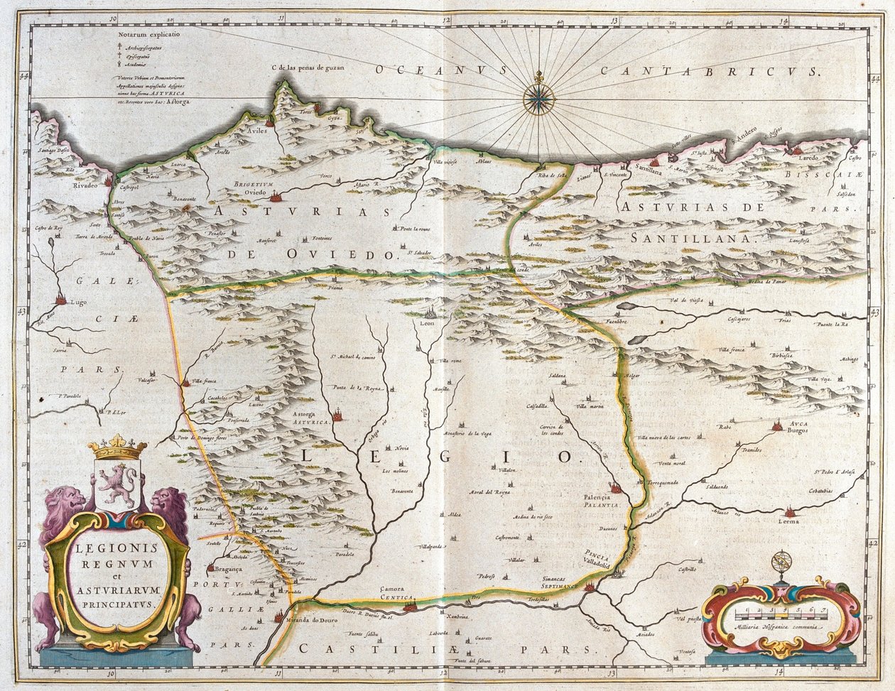 Província espanhola das Astúrias, Castela e Leão, incluindo as cidades de Oviedo, Leão, Santander, Valladolid, em "Theatrum Orbis Terrarum, sive Atlas Novus" de Willem Blaeu, Amesterdão de Willem Blaeu