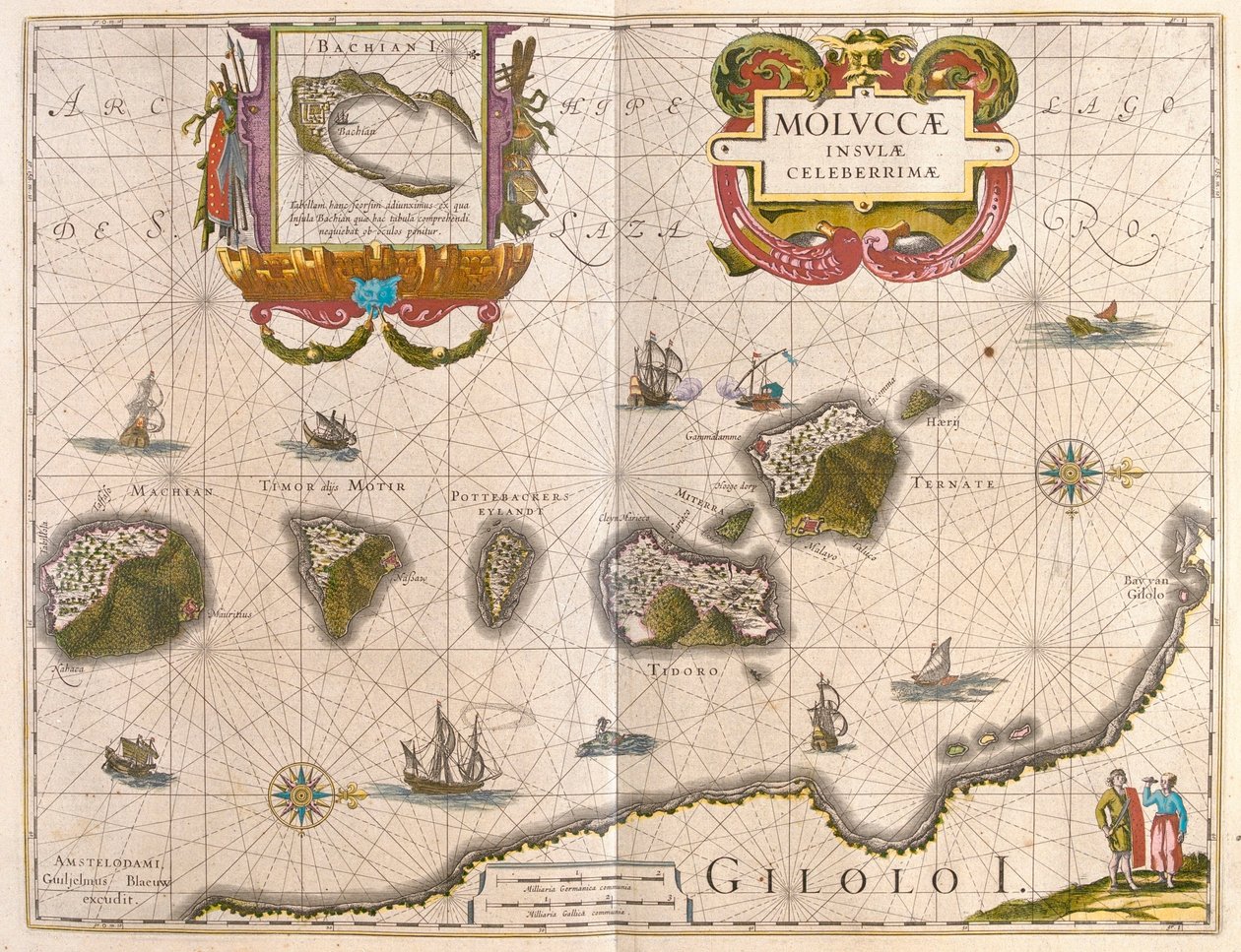 Ilhas das Especiarias e Ilha de Bachian (Batjan), em "Theatrum Orbis Terrarum, sive Atlas Novus" de Willem Blaeu, Amesterdão de Willem Blaeu
