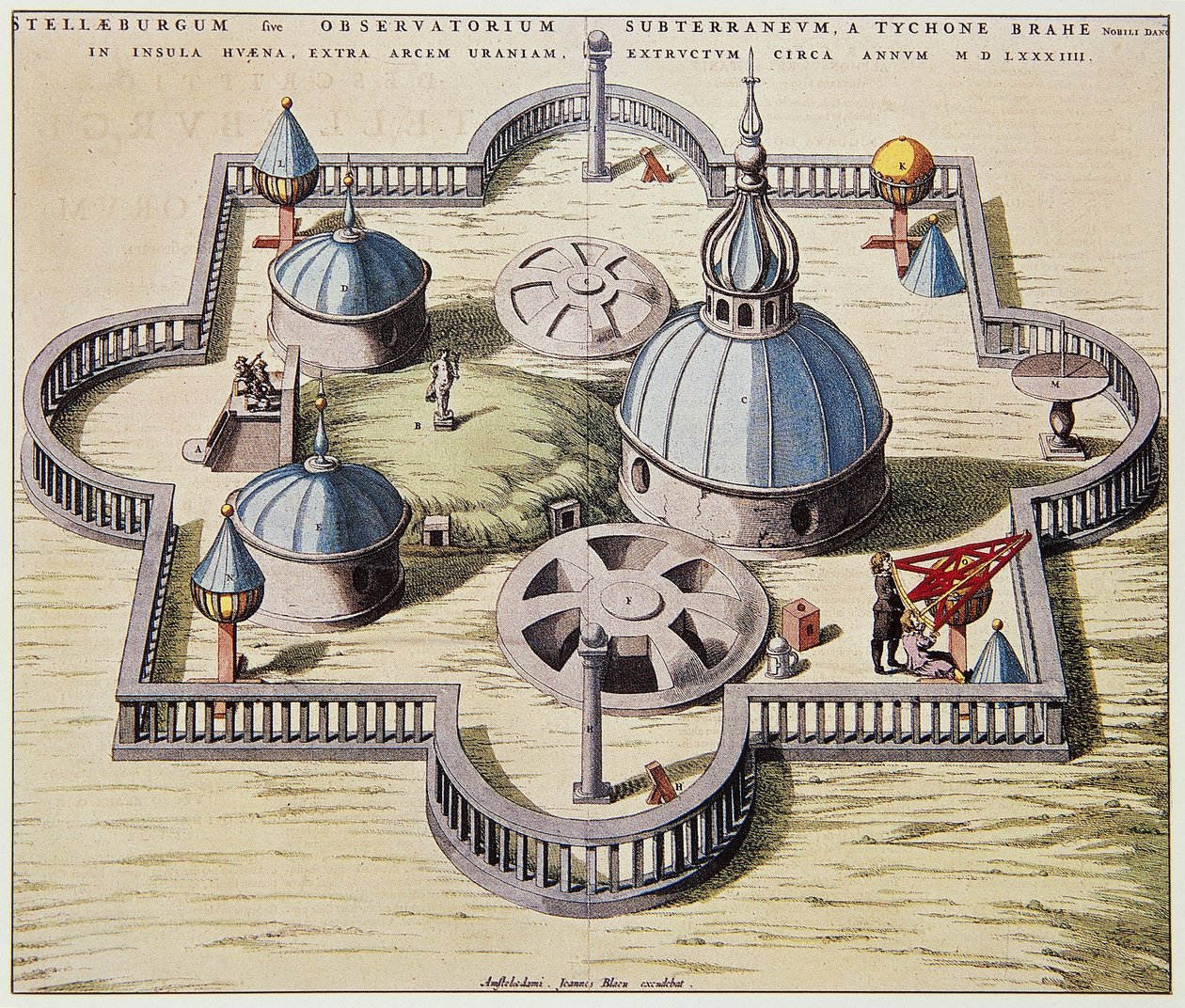 Stelleburgum sive Observatorium Subterraeum, observatório astronômico subterrâneo em Stjerneborg (Castelo das Estrelas), projetado por Tycho Brahe (1546-1601) na ilha de Hven, Dinamarca, desenho de Willem Blaeu, ca. 1595. de Willem Blaeu